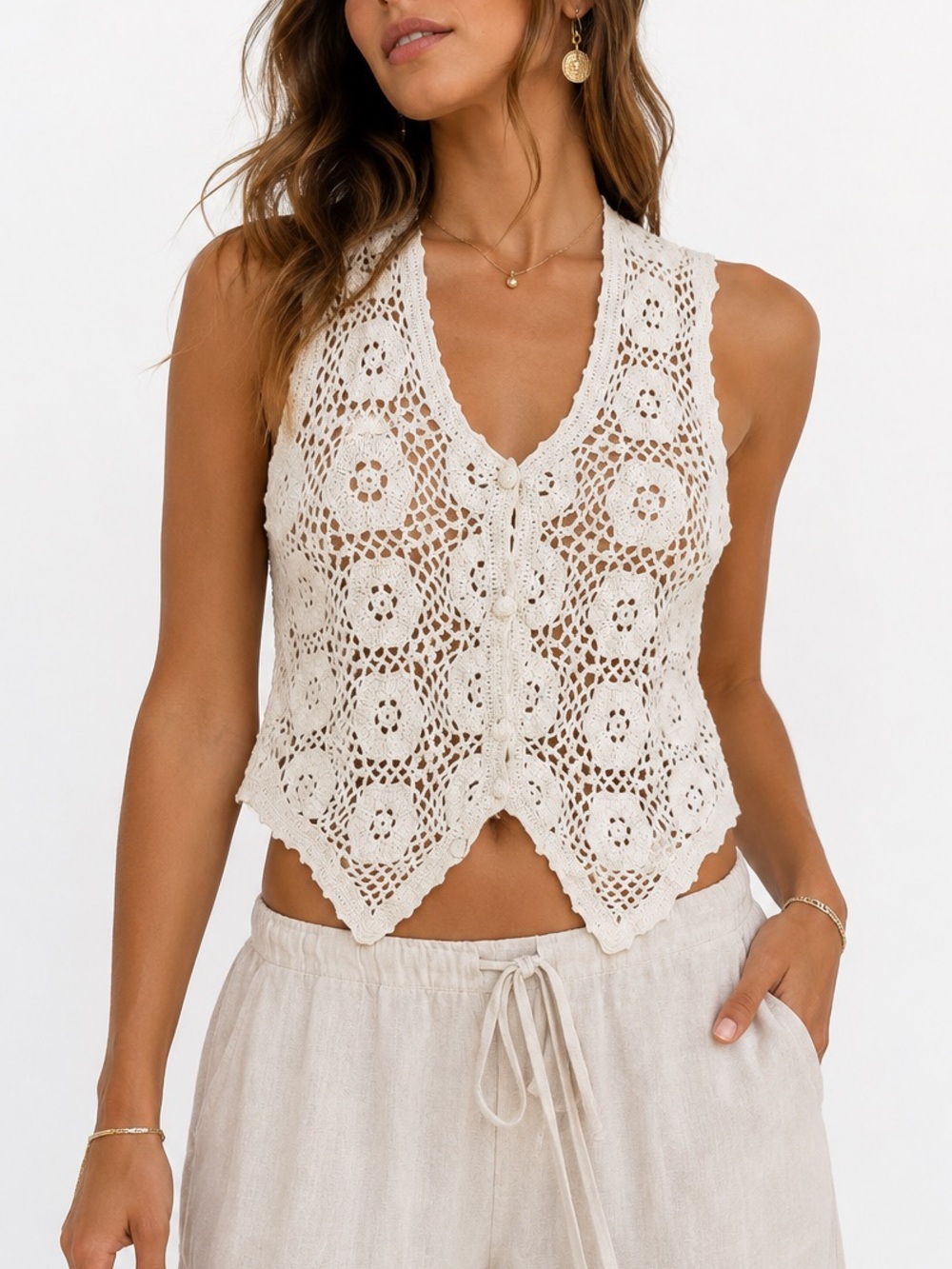 Casey & Max White Crochet Boho Vest Cotton Cottagecore Festival Size M
